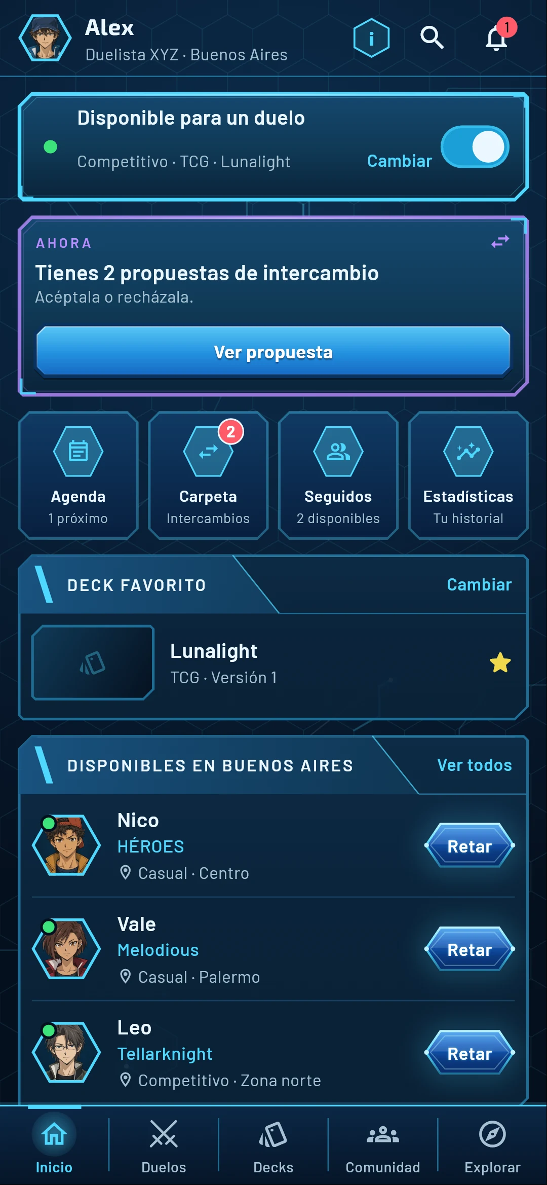 Inicio de DUEL SYNC con jugadores disponibles cerca.