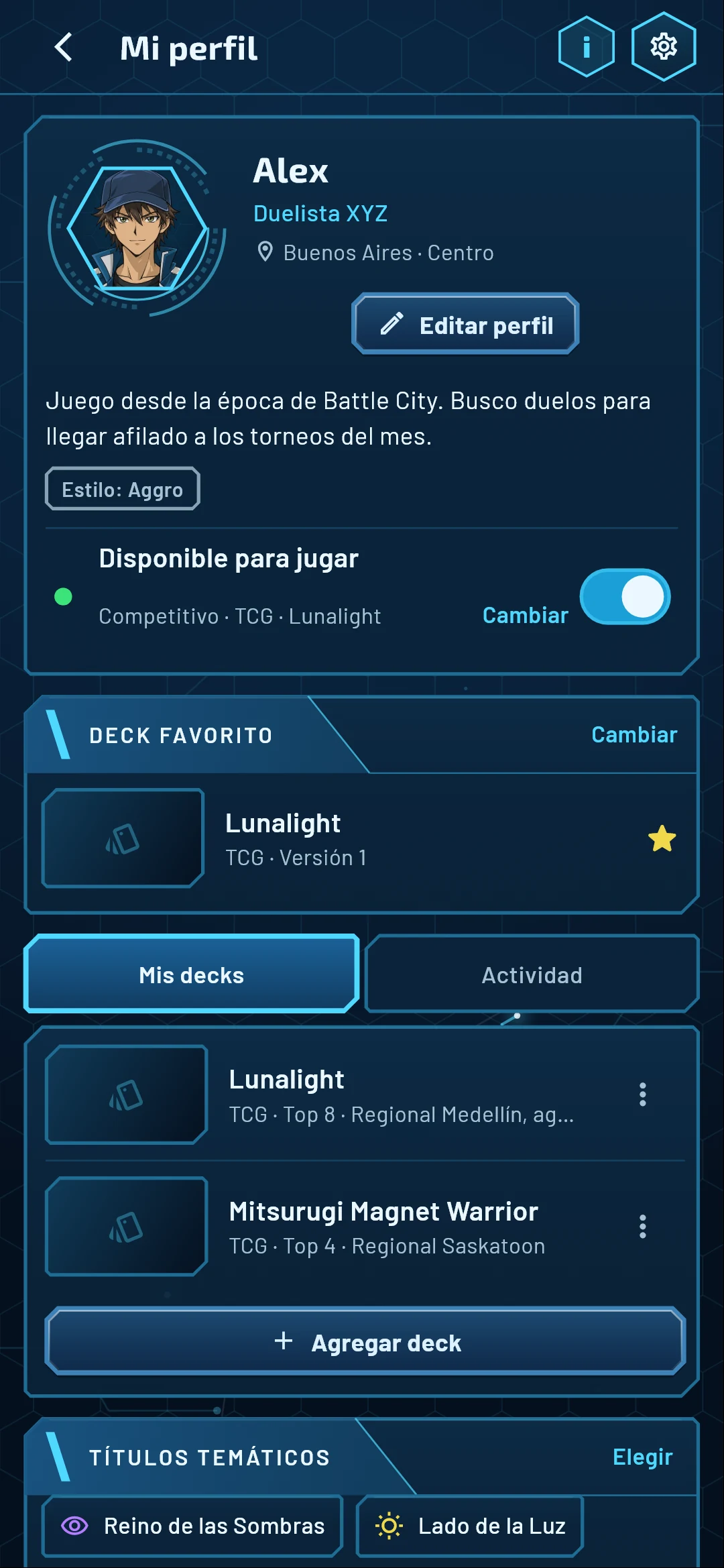 Perfil con tus decks.