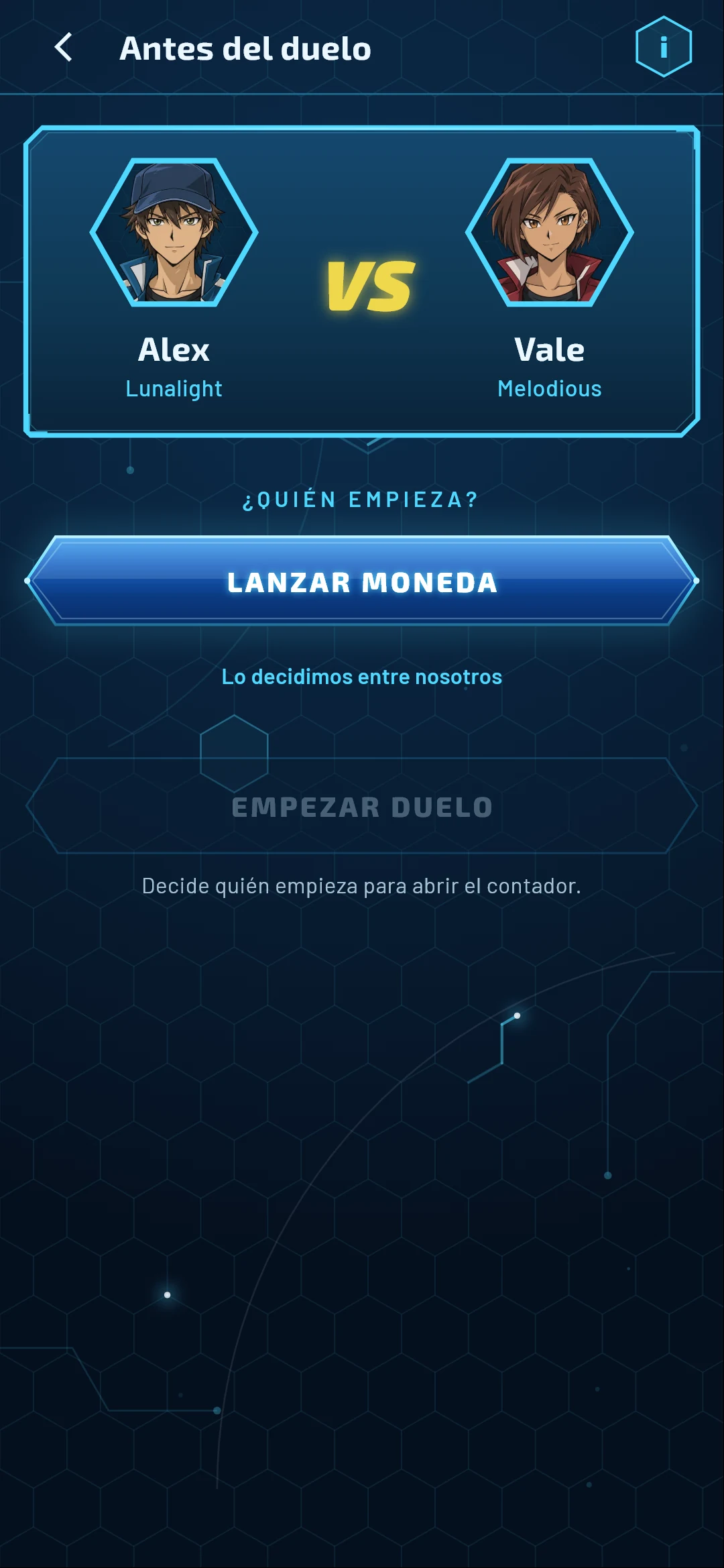 Pantalla "Antes del duelo" de DUEL SYNC: dos duelistas frente a frente antes de lanzar la moneda.