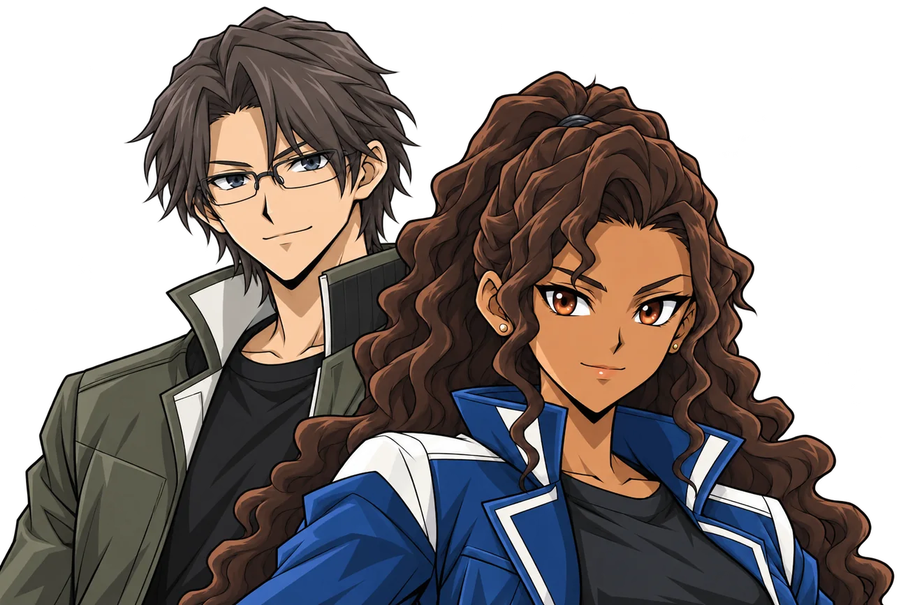 Personajes de DUEL SYNC: una duelista de cabello rizado y un duelista con gafas y chaqueta verde oliva.