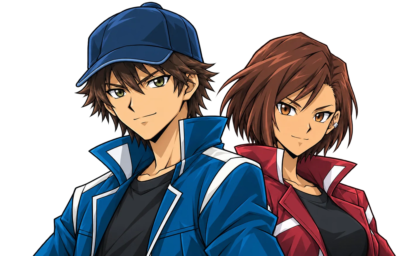 Dos duelistas de DUEL SYNC: un chico con gorra azul y una chica con chaqueta bordó.